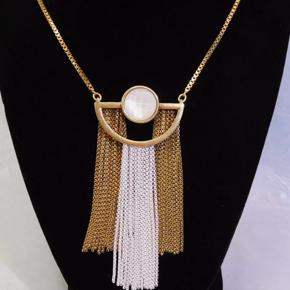 Lucky Brand Necklace with Gold and White Tassles and White Iridescent Stone
